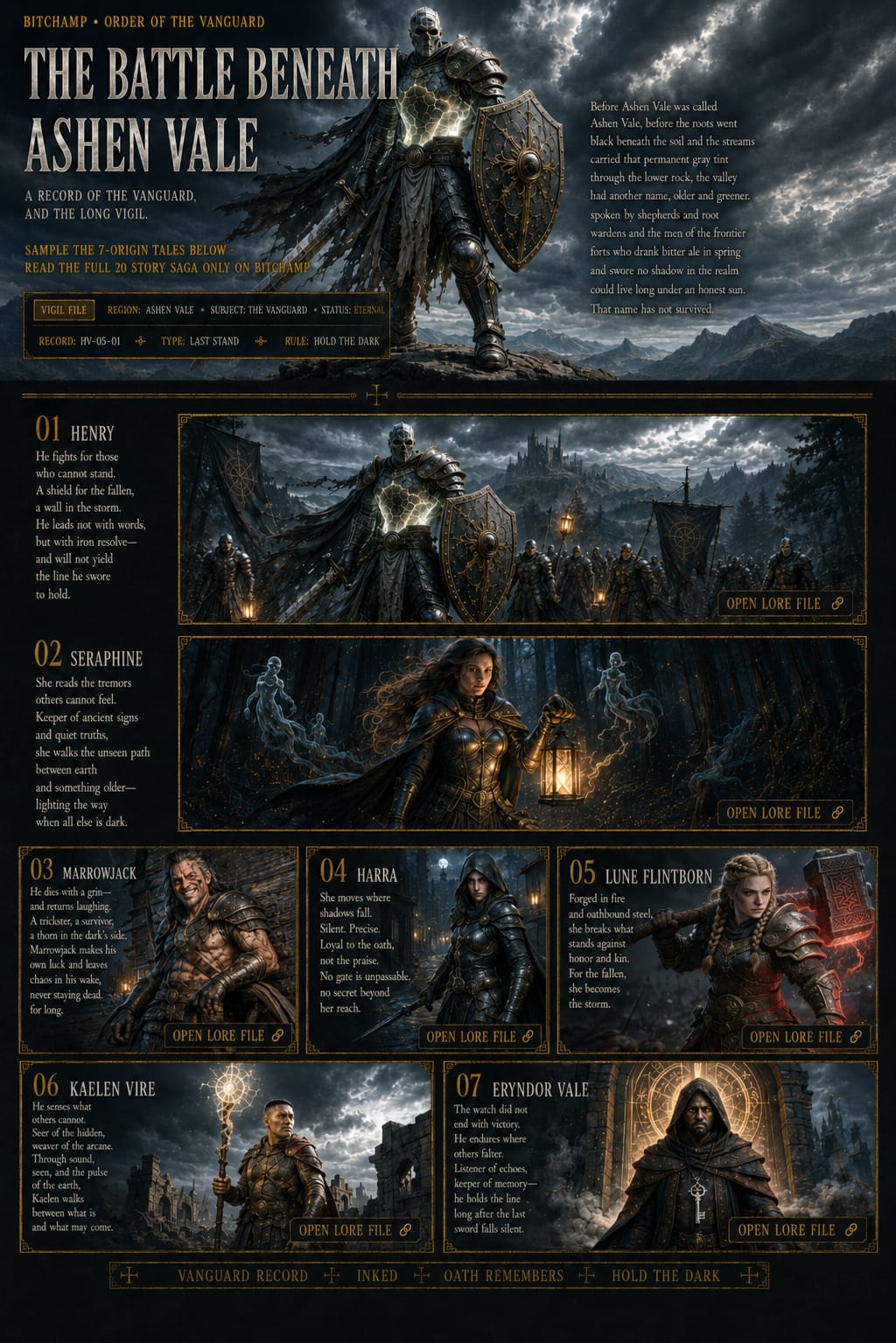 The Battle Beneath Ashen Vale — seven Order of the Vanguard origin tales